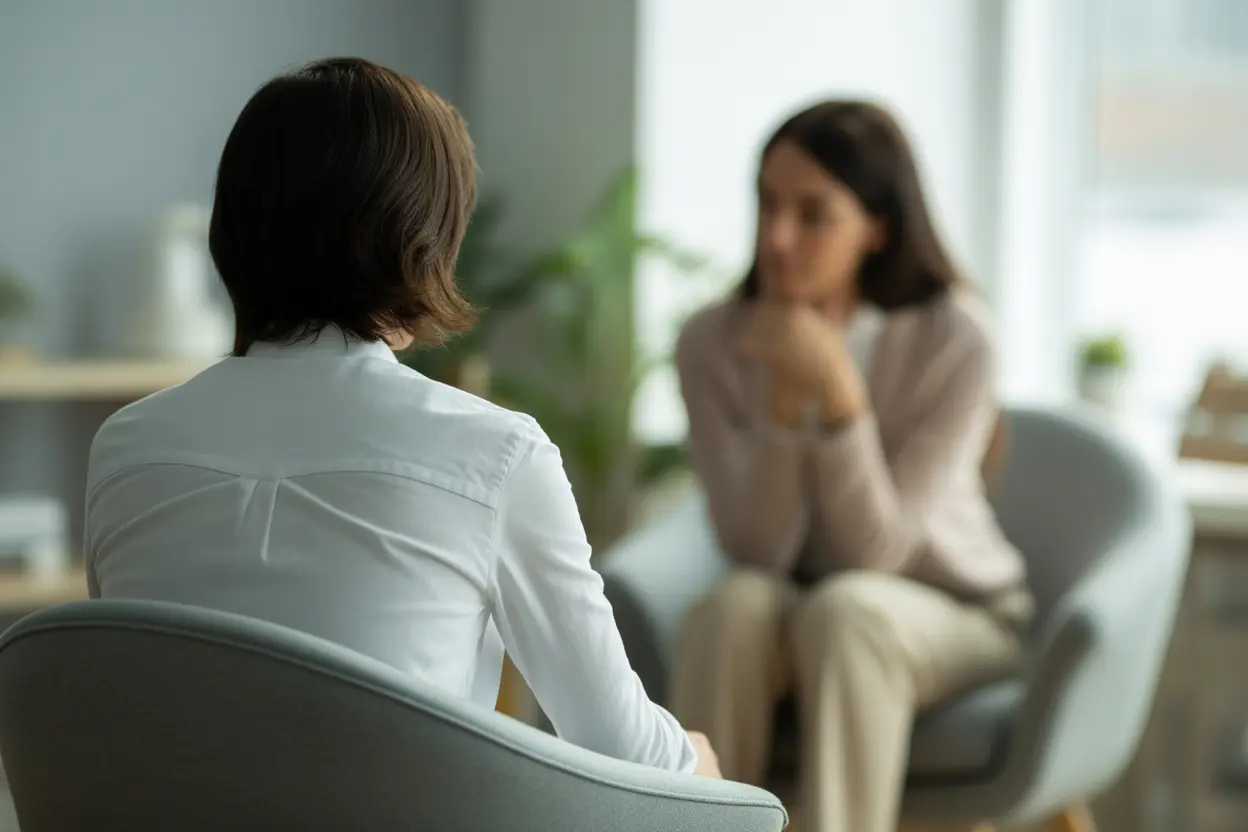 A supportive therapy session in a calm and safe office environment.