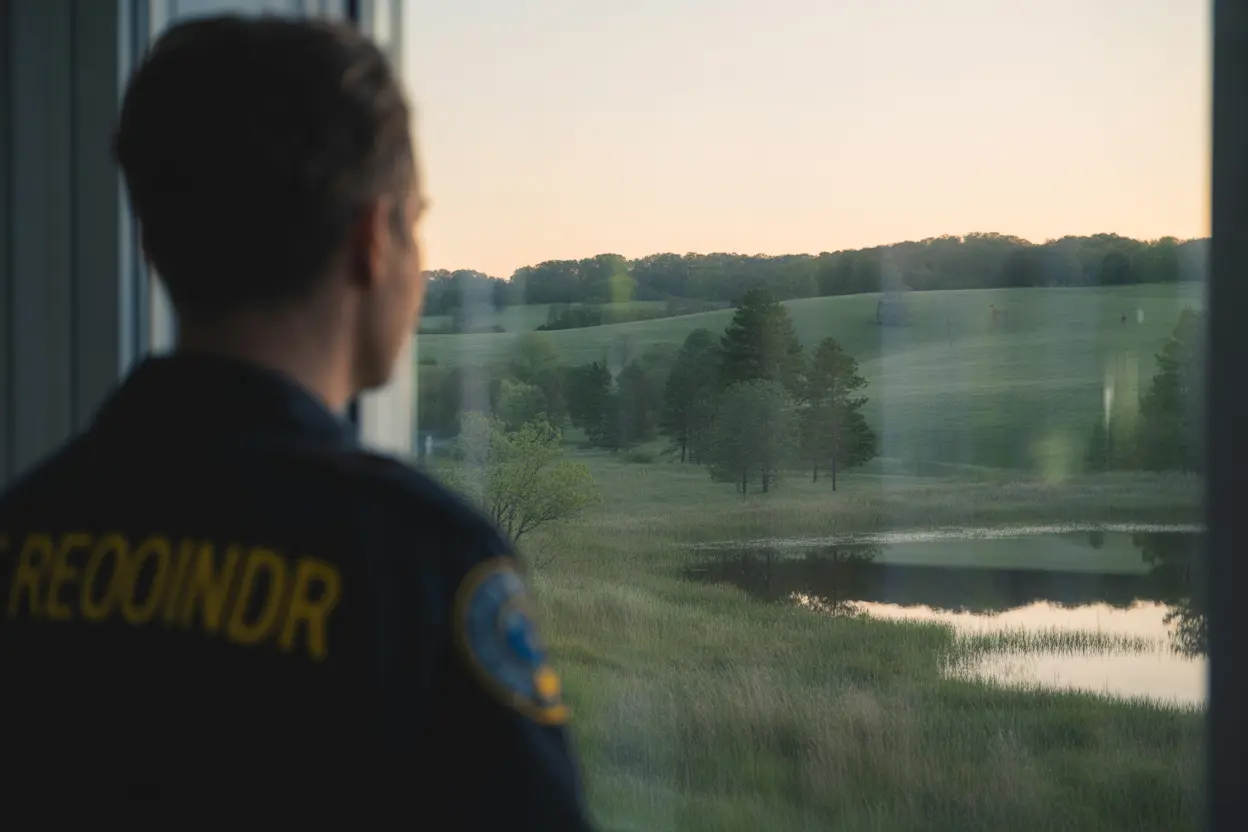 A first responder out of uniform looks out a window at a peaceful Indiana landscape, reflecting on stress and trauma.