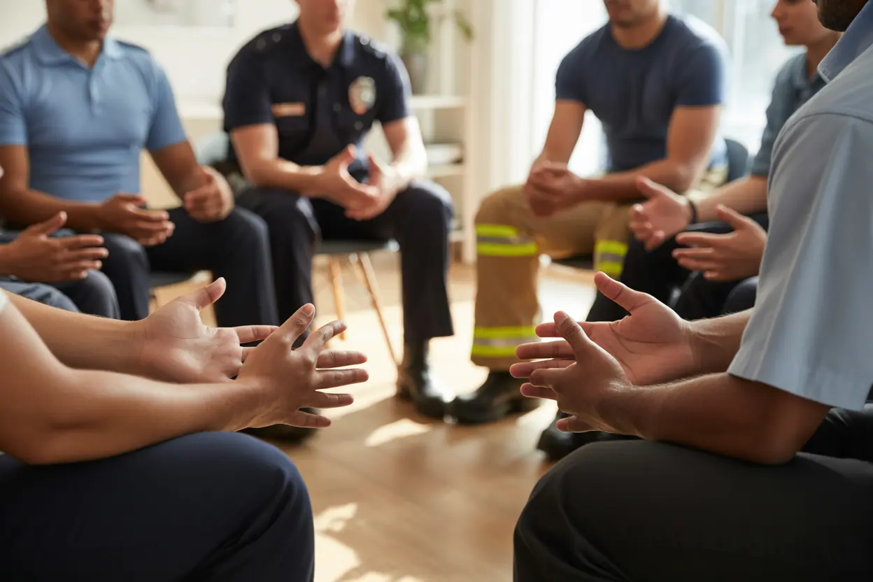 A diverse group of first responders in civilian clothes participate in a group therapy session.