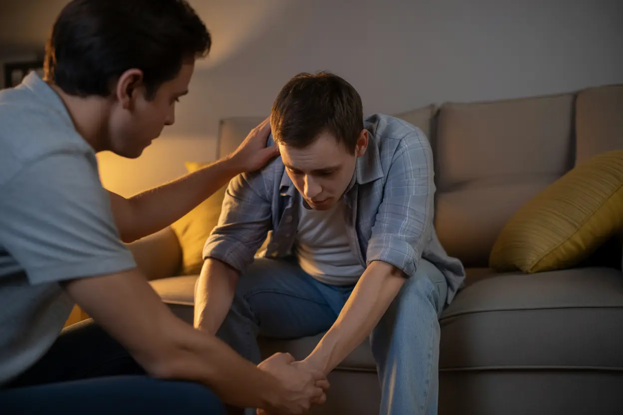 A concerned friend checking on someone slumped on a couch, showing the urgency of a potential overdose situation.