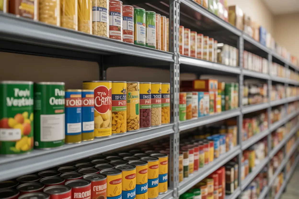 Neatly stocked shelves in a community food pantry in Indiana, symbolizing available support.