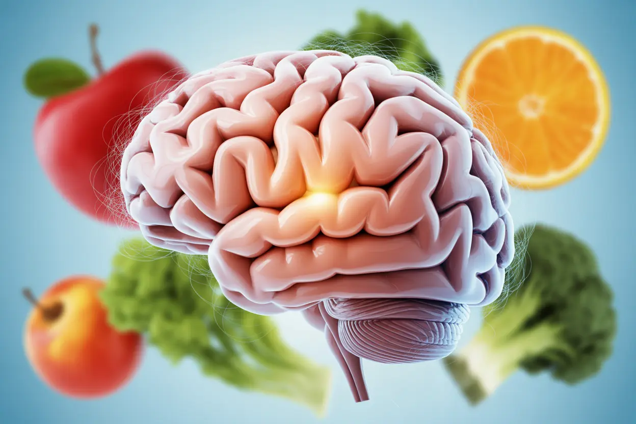 A conceptual image of a human brain with glowing neural pathways, with healthy foods like fruits and vegetables in the background, representing the mind's connection to nutrition.
