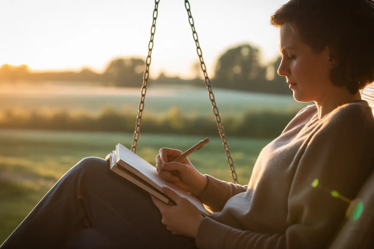 A person journaling peacefully on a porch swing at sunrise in Indiana, symbolizing hope, self-care, and a positive future.