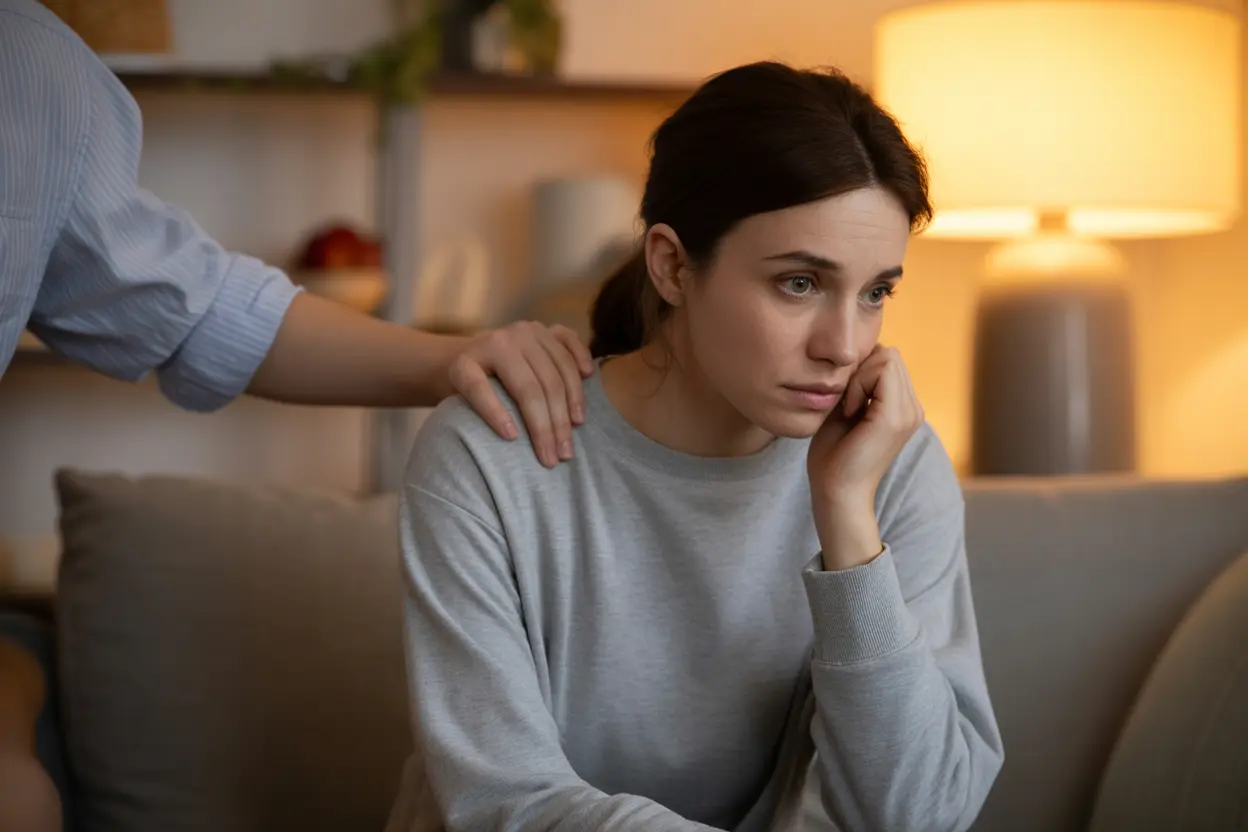 A comforting scene of one person placing a supportive hand on a friend's shoulder in a warm, cozy room, conveying empathy and understanding.