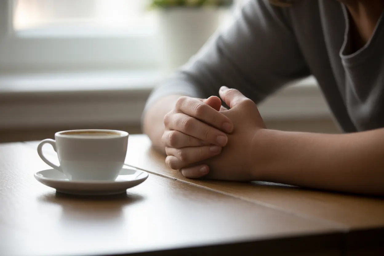 A person's hands rest on a table in contemplation, conveying a sense of worry.