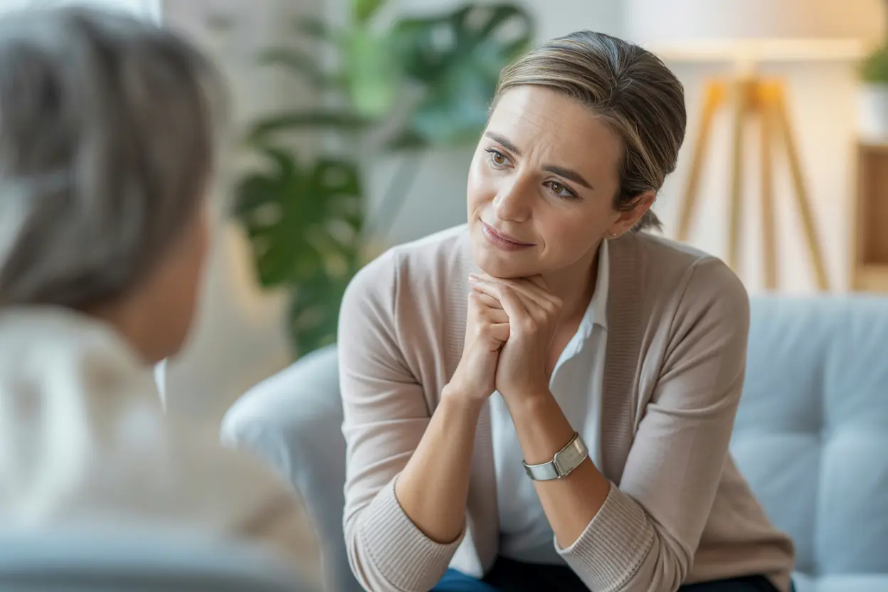 A compassionate therapist listens intently in a bright, comfortable office, fostering a sense of trust and support.