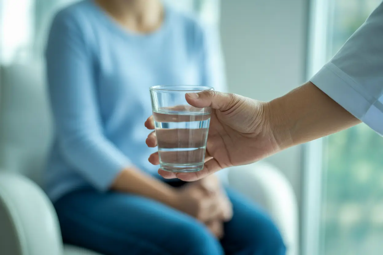 A healthcare professional's hands gently offering a glass of water to a person, symbolizing compassionate medical support during detox.