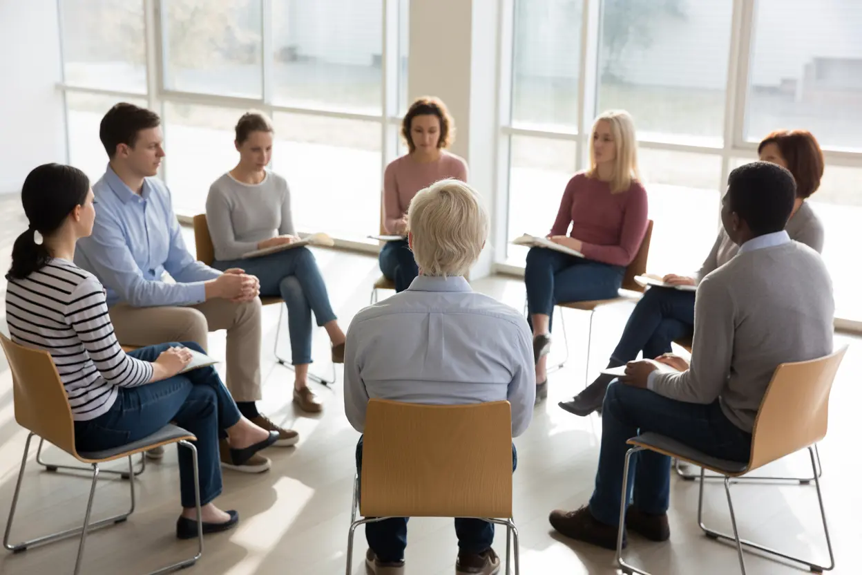 A group of diverse individuals participating in a group therapy session in a bright, supportive room in Indiana, representing the community aspect of addiction treatment.