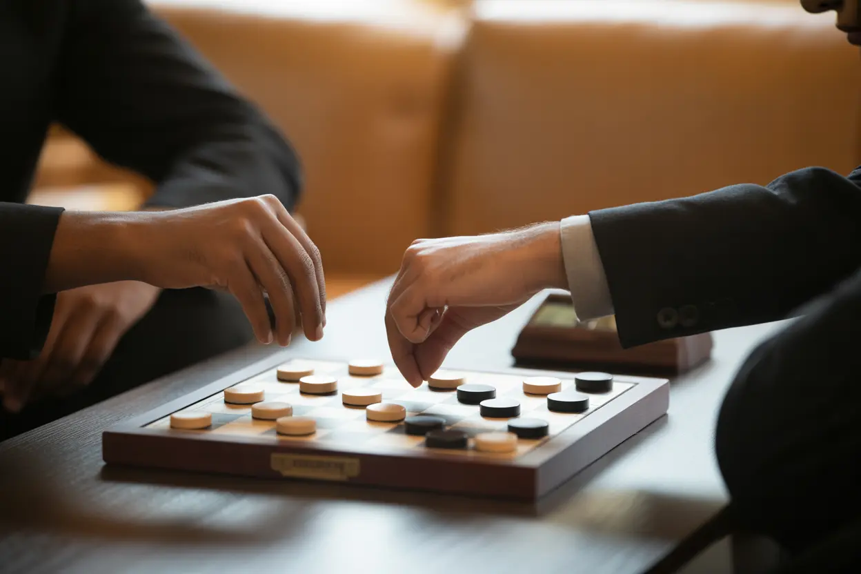 Two people playing a game of checkers, representing connection and focus in recovery.