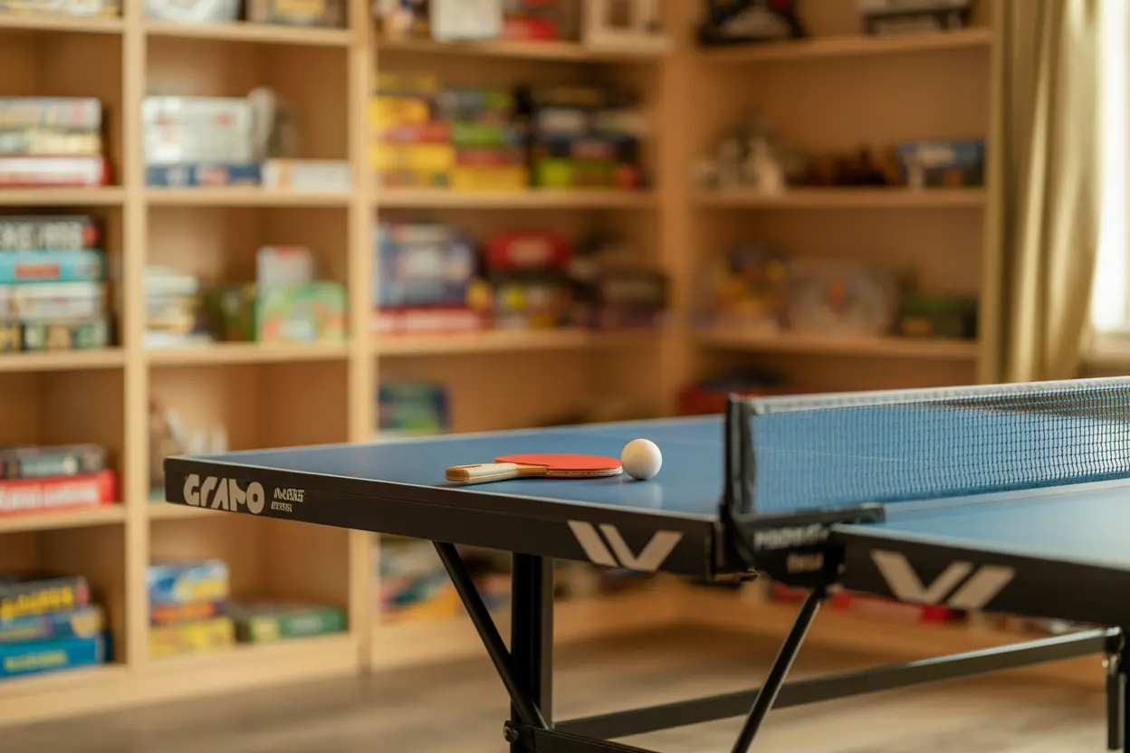 A quiet and comfortable rehab game room with a ping-pong table and shelves of board games.