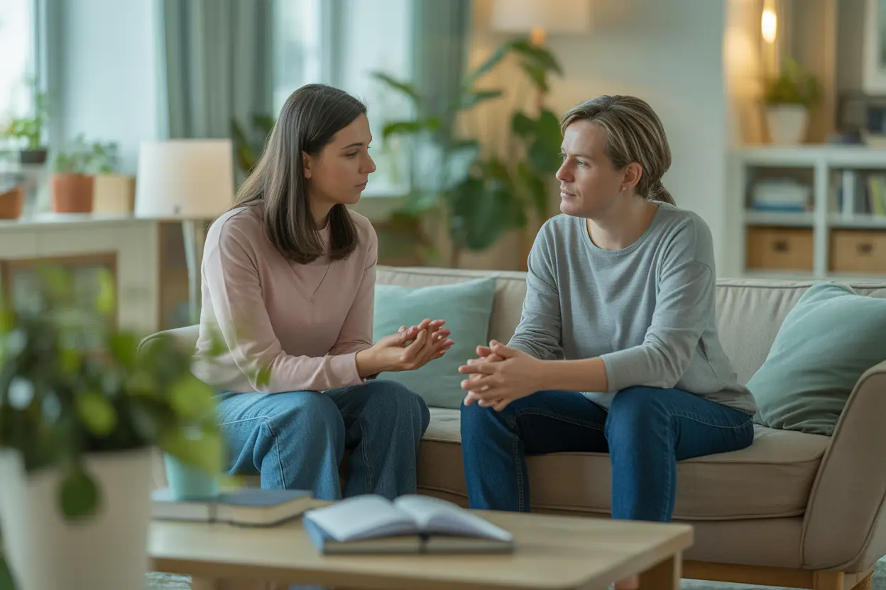 Two people having a supportive conversation on a comfortable sofa in a serene, sunlit room.