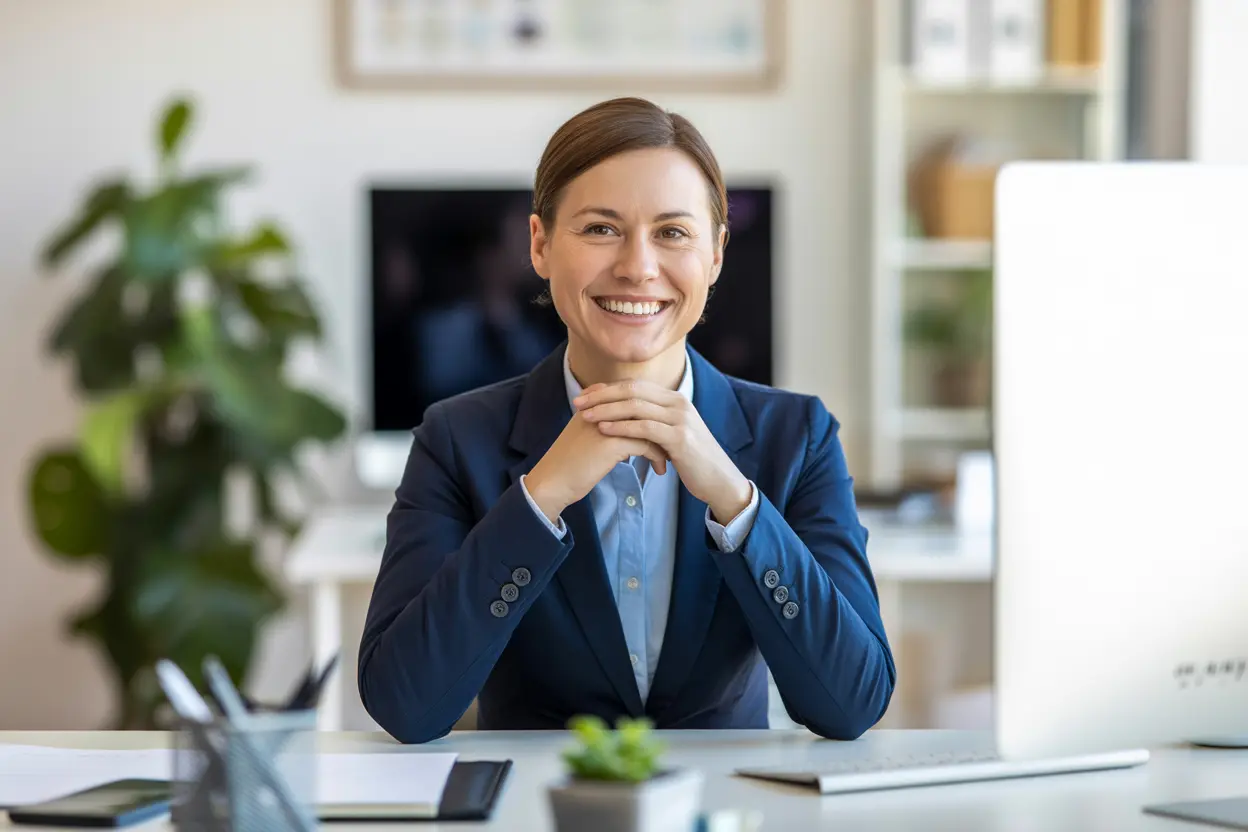 A friendly admissions coordinator smiles warmly, ready to help with the treatment application process.
