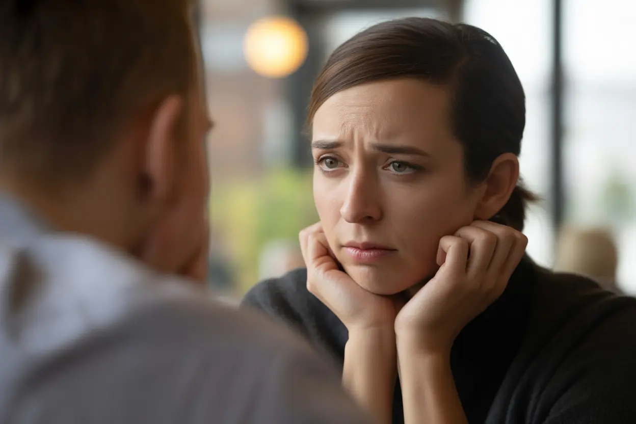 A concerned friend listens with empathy in a coffee shop, illustrating a supportive conversation about addiction.