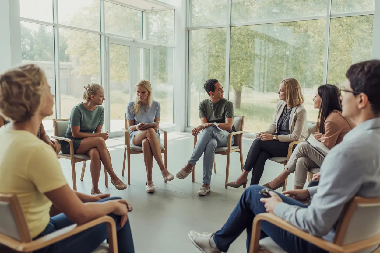 A supportive group therapy session in a bright, modern room, symbolizing hope and community in addiction recovery.