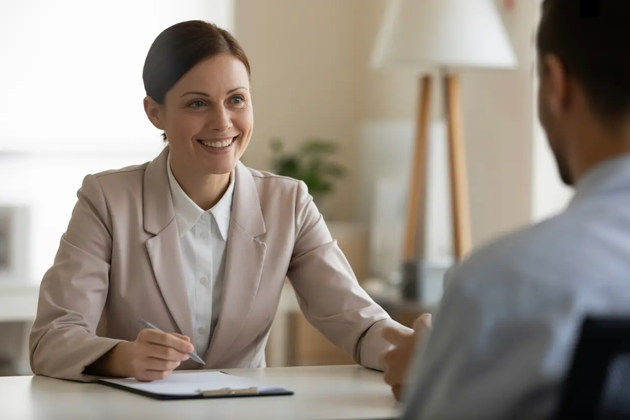 A compassionate admissions coordinator at a rehab facility discussing treatment options in a bright office.