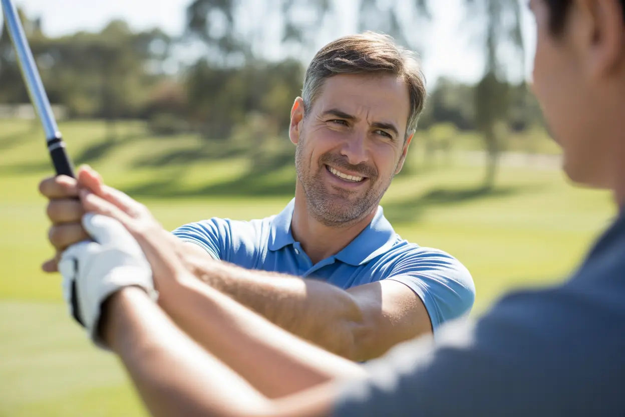 A supportive and friendly golf instructor patiently showing a person how to hold a golf club on a sunny day.