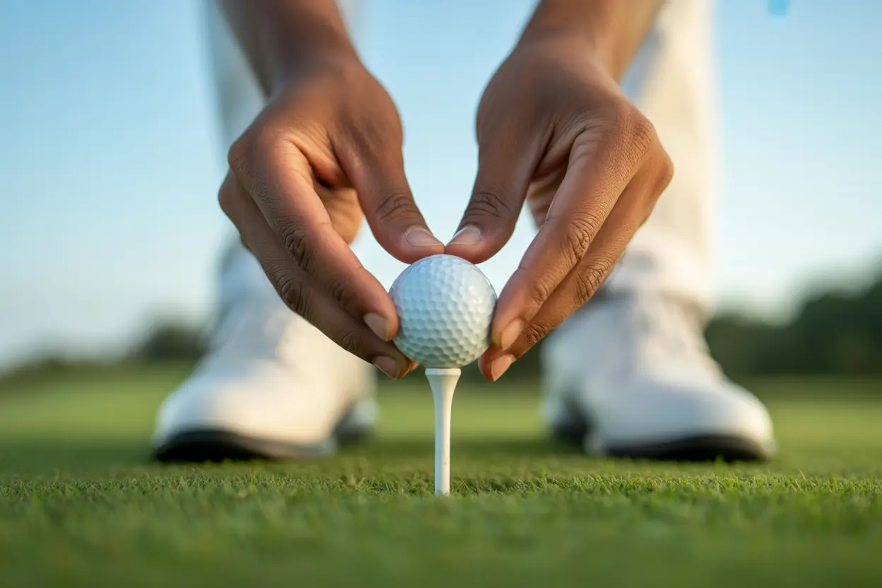 A person's hands carefully placing a golf ball on a tee, with a green fairway in the background, conveying a sense of calm preparation.
