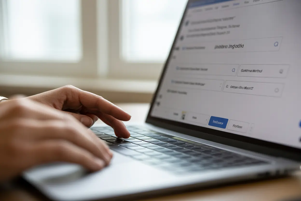 A person's hands on a laptop, searching a directory for a gottman method therapist in Indiana, symbolizing taking the first step towards relationship help.