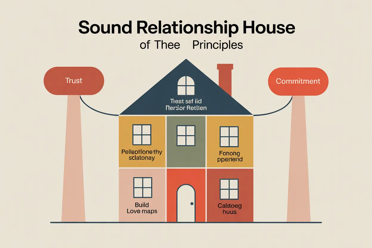 An infographic of the Sound Relationship House, showing seven levels supported by pillars of Trust and Commitment, representing the gottman method's principles for a healthy relationship.