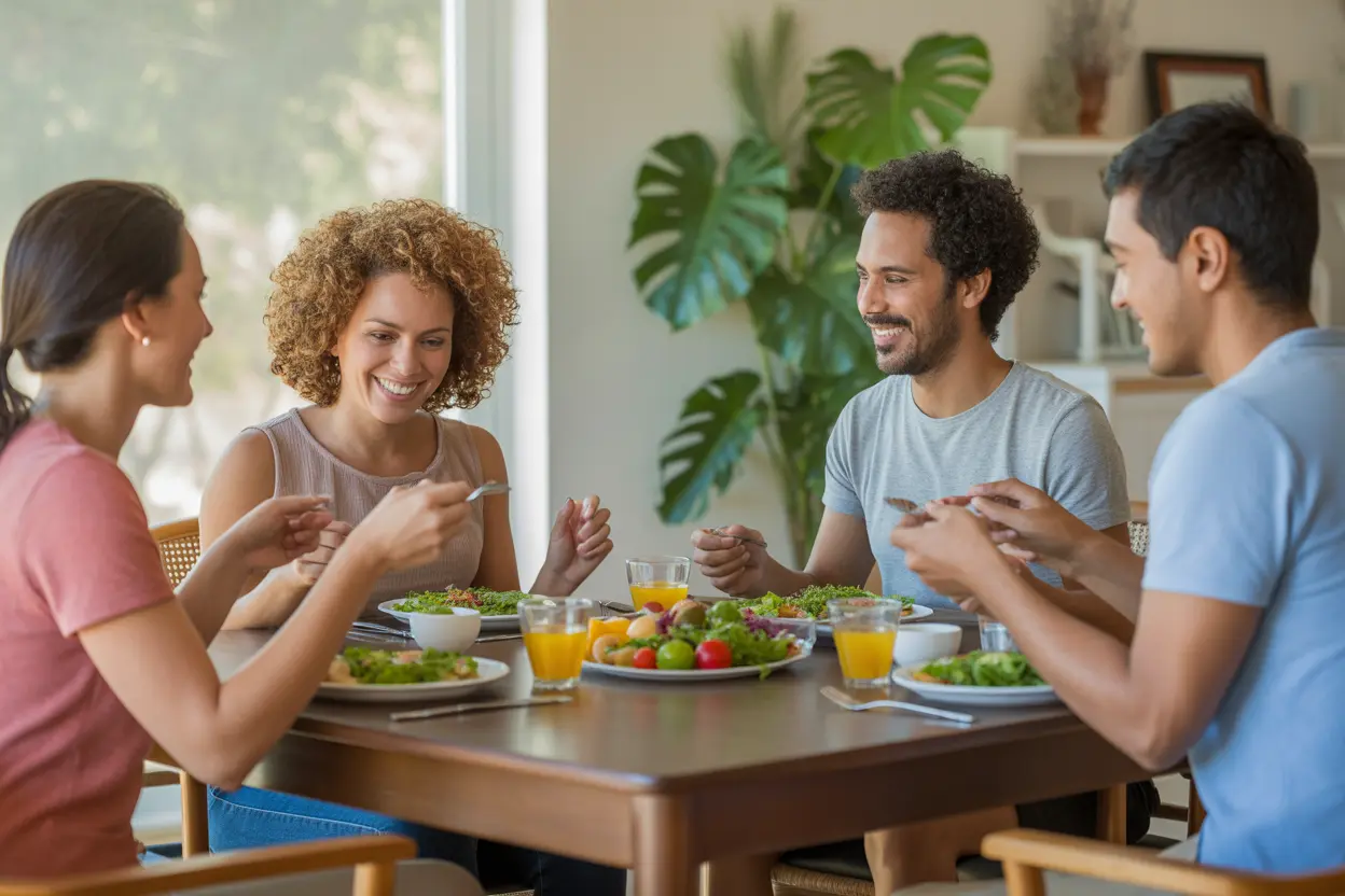 A group of people enjoying a healthy, communal meal in a sunlit dining room at a rehab facility.