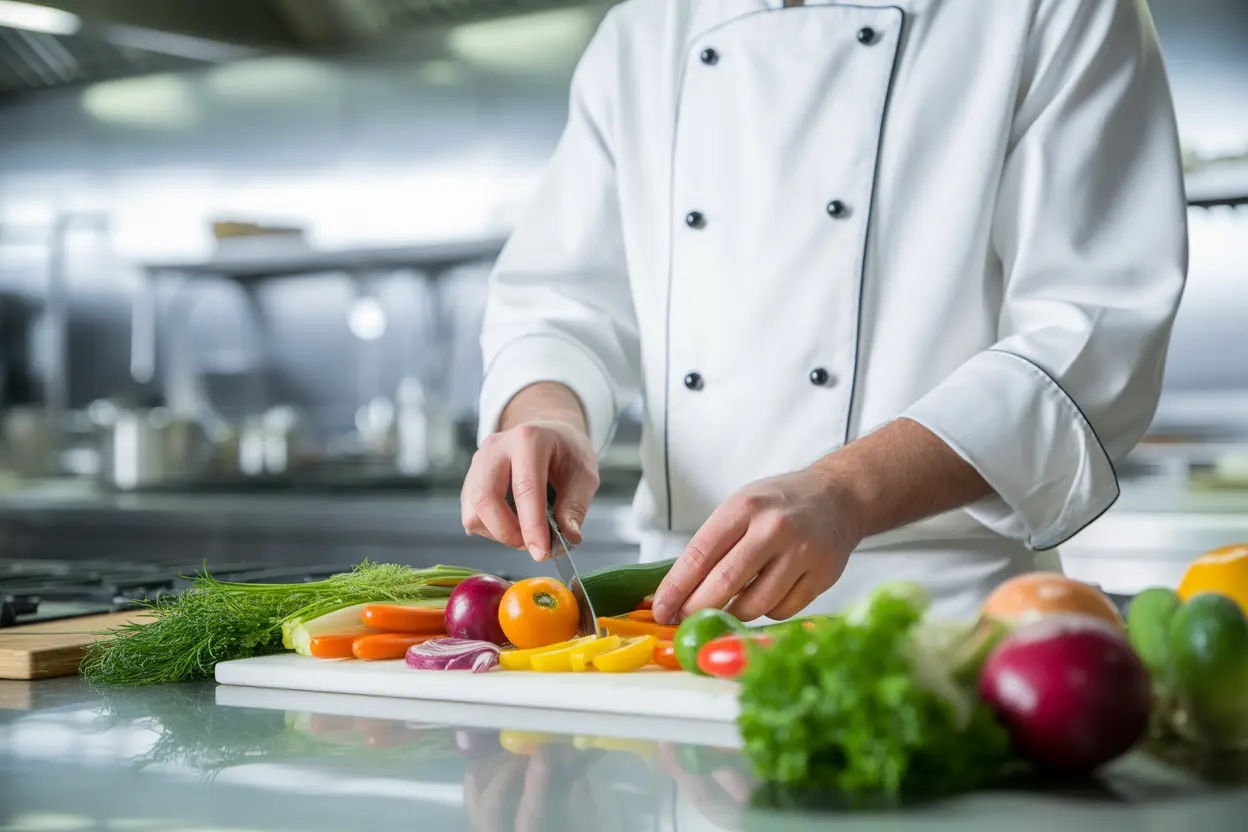 A professional chef prepares fresh vegetables in a gourmet rehab kitchen.