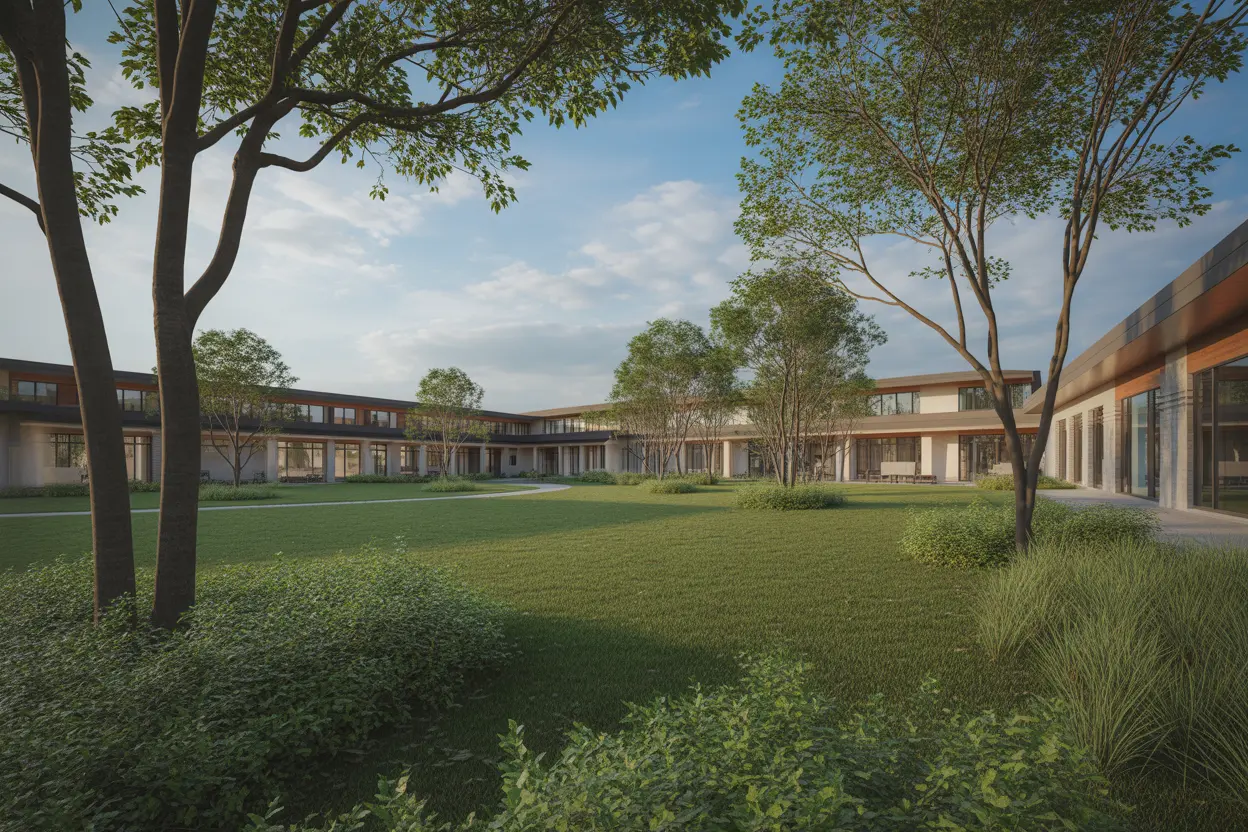 The welcoming exterior of an upscale Indiana rehab facility set in a peaceful, natural environment.