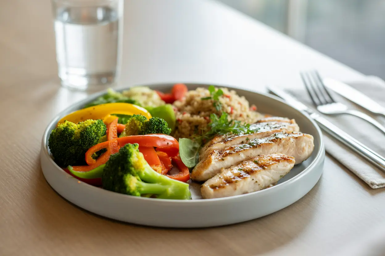 A healthy and well-balanced meal with grilled fish, quinoa, and colorful vegetables on a plate.