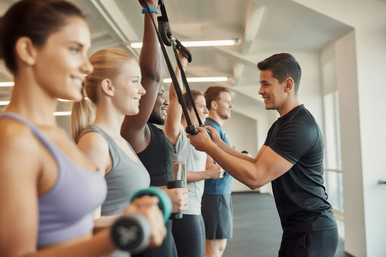 A diverse group of people participating in a supportive and light circuit training class at a modern gym.
