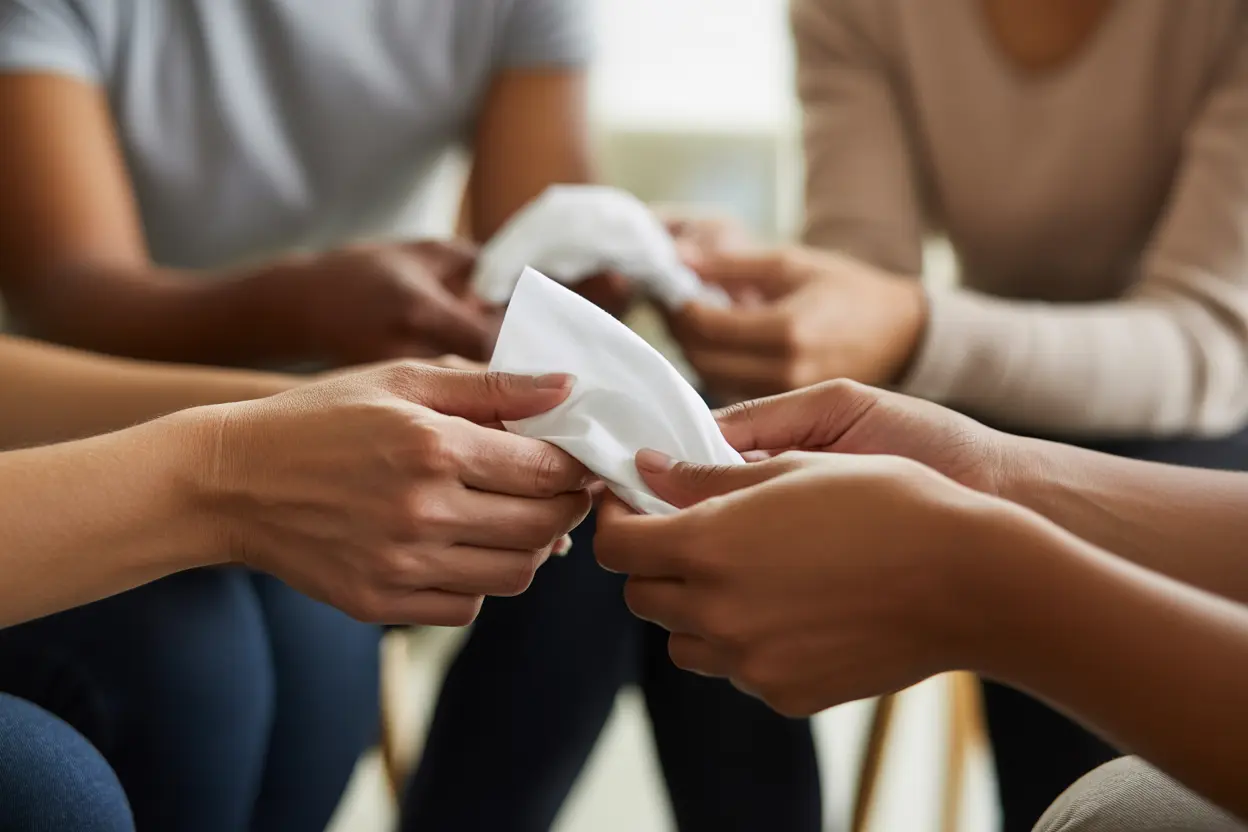 A close-up of one person's hand offering a tissue to another, symbolizing empathy and support in a group setting.