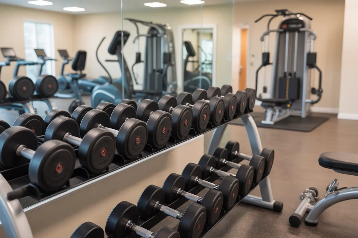 A clean and well-equipped gym at a rehab center, featuring dumbbells, cardio machines, and functional trainers.