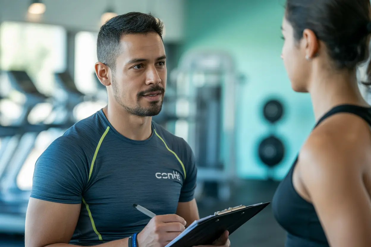 A compassionate fitness trainer discussing a plan with a client in a bright, modern gym.