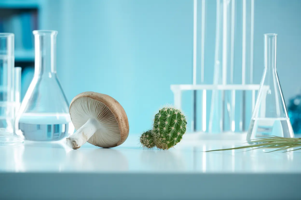 A scientific table with natural hallucinogens like a mushroom and a cactus next to laboratory glassware, representing the study of these substances.