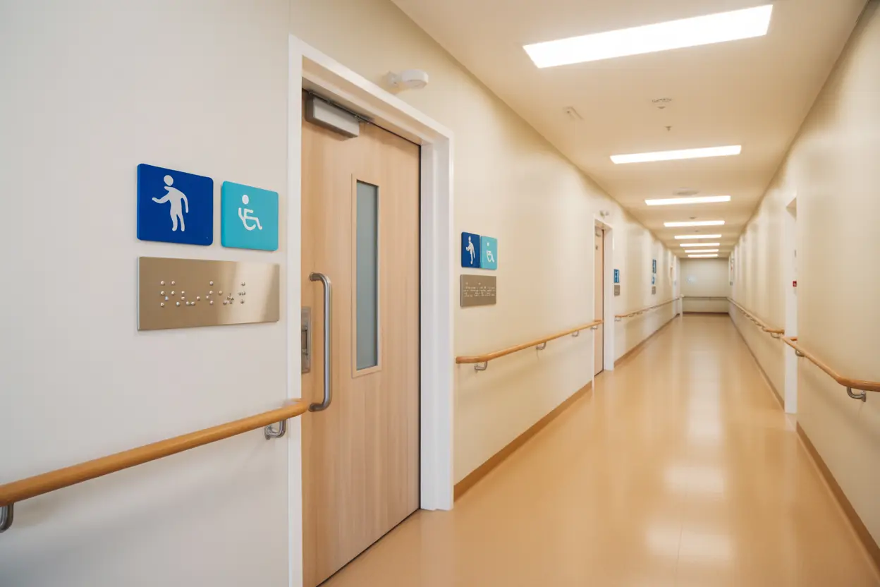 A well-lit, accessible hallway in a modern rehab facility with handrails and Braille signage.
