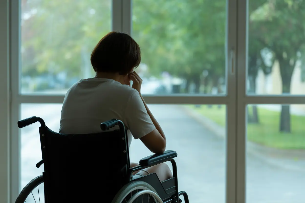 A person in a wheelchair looks out a window, illustrating social isolation and mental health challenges.