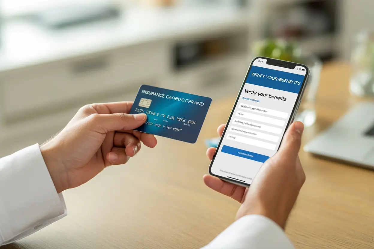 A person uses a smartphone to fill out an insurance verification form online, checking their benefits for rehab.