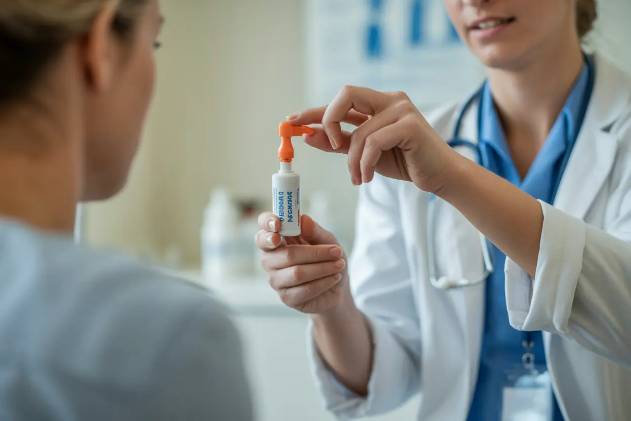 A healthcare worker demonstrates how to use a naloxone kit to another person.