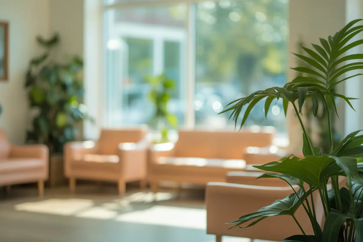 A welcoming and clean reception area of a community health center, filled with natural light.