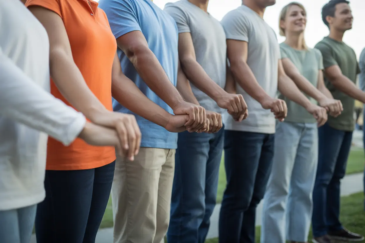 A diverse group of people standing together in solidarity at a peaceful community event, their hands connected in a show of support.