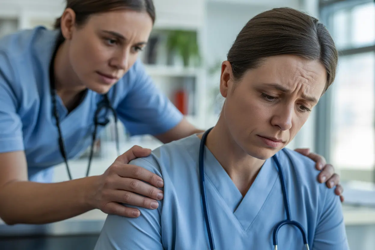 A concerned healthcare worker places a comforting hand on a stressed colleague's shoulder in a quiet breakroom.