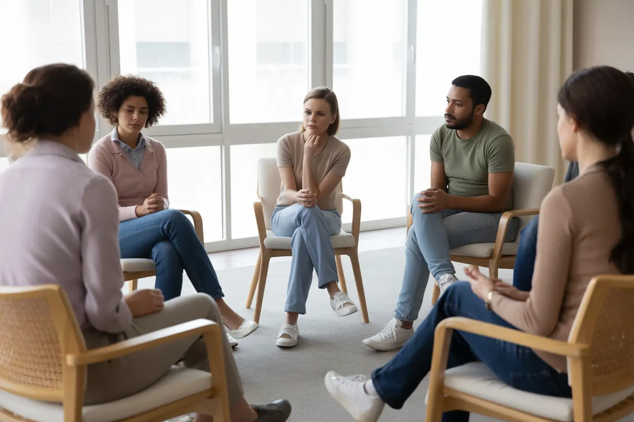 A diverse group of professionals in a supportive group therapy session, listening intently in a bright, comfortable room.