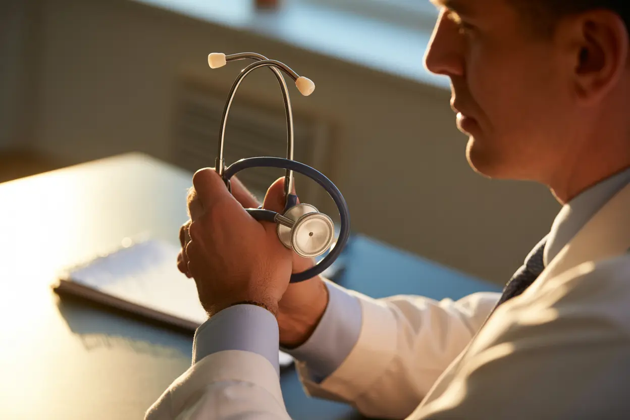 A doctor's hands holding a stethoscope, resting on a desk in a moment of quiet reflection.