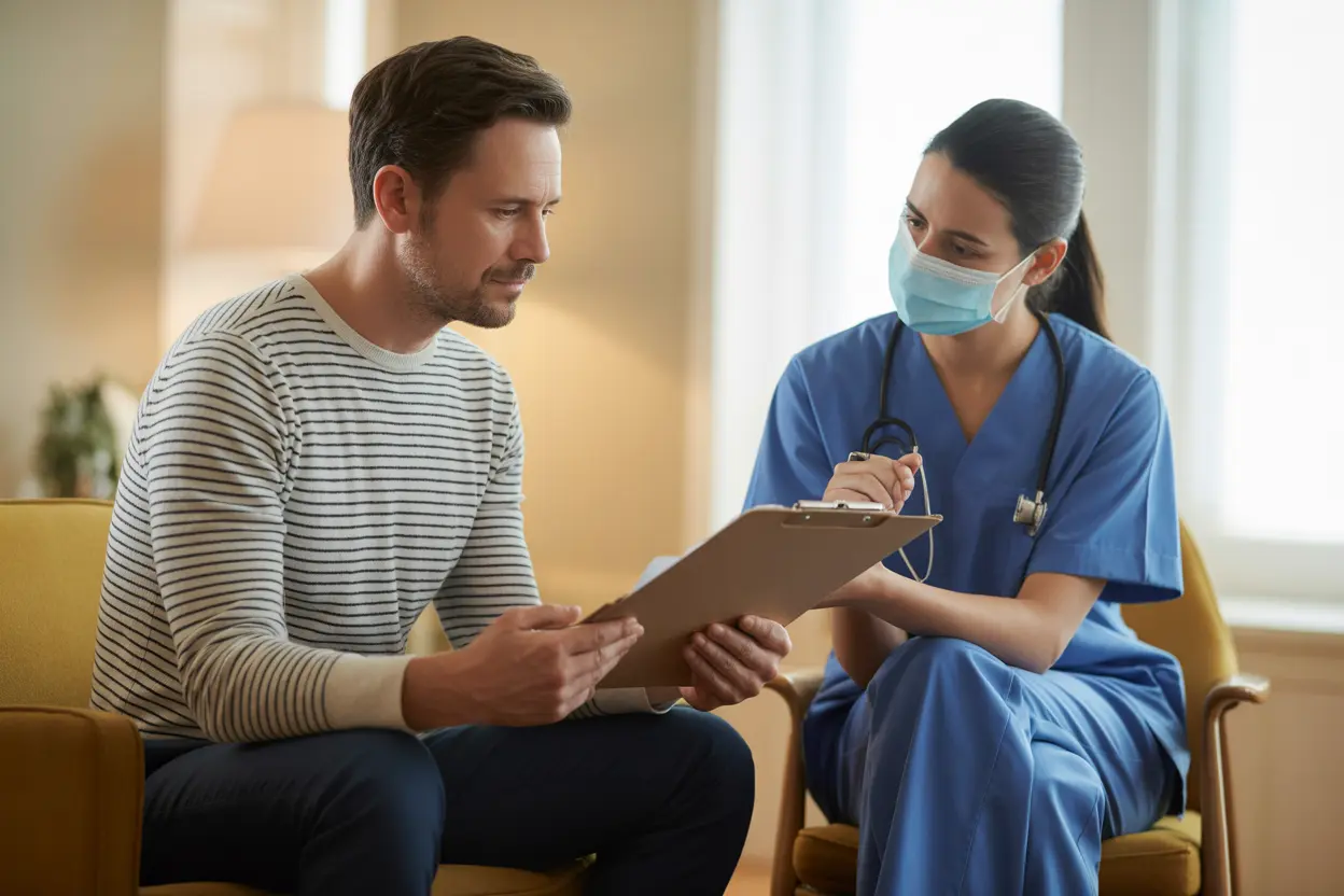A compassionate counselor reviews a recovery plan with a female healthcare professional in a sunlit office.