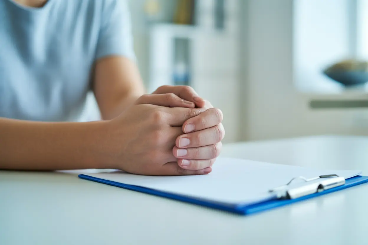 A close-up of a therapist's hands resting near a clipboard, symbolizing a safe and confidential diagnostic process.