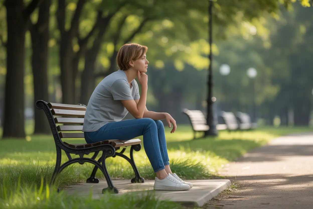 A person sits on a park bench in quiet reflection, with soft light filtering through the trees, symbolizing the start of a self-understanding journey.