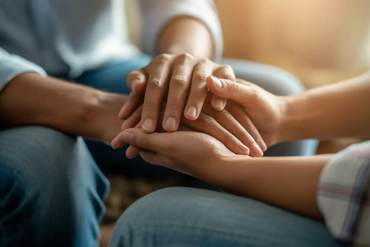 A close-up image showing one person's hand resting gently on another's in a gesture of comfort and support.