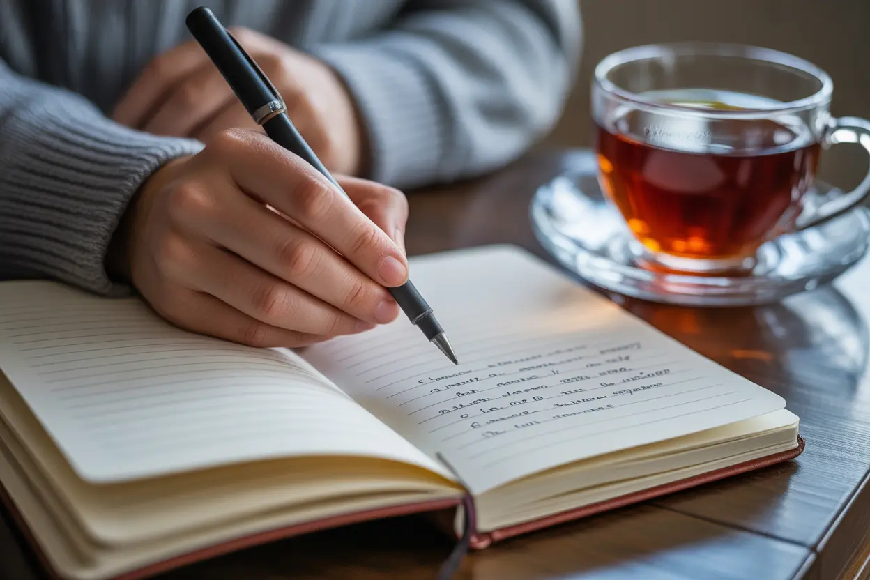 A person's hands writing achievable goals in a journal, representing the therapeutic process of taking control.