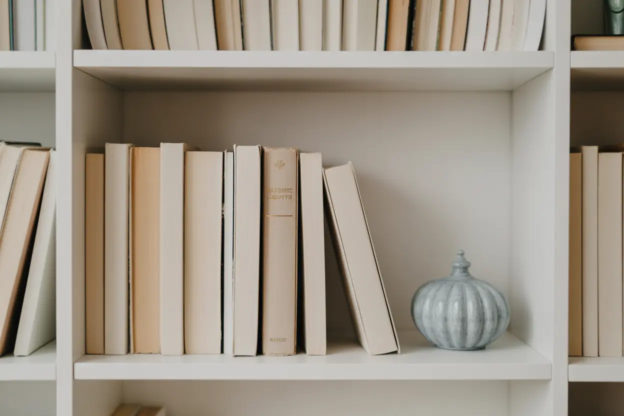 A bright, clean, and organized bookshelf, symbolizing the peace that comes with overcoming hoarding disorder.