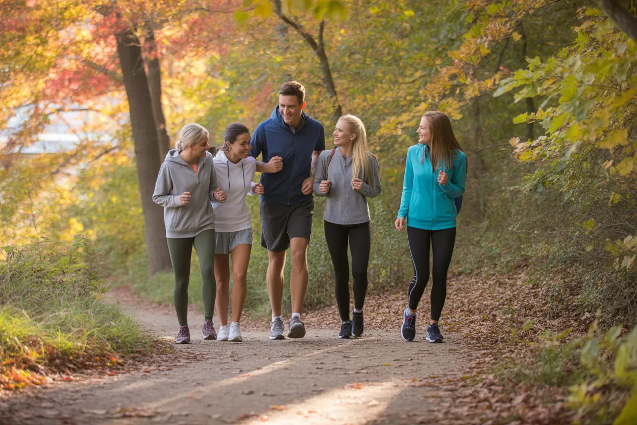 A small group of people hiking on a sunlit trail in an Indiana state park during autumn, representing healthy physical activity.