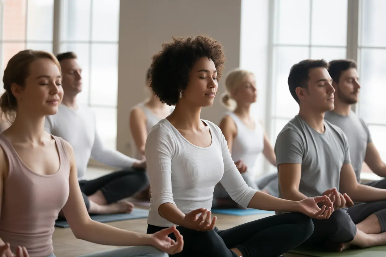 A diverse group of people meditating peacefully in a yoga class with soft, natural light.