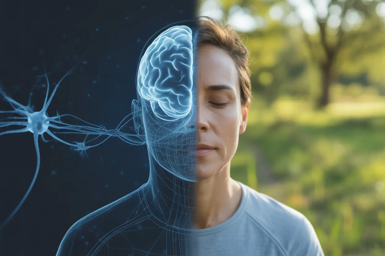 A blended image showing a brain scan on one side and a person meditating in nature on the other, representing the integration of science and holistic well-being.